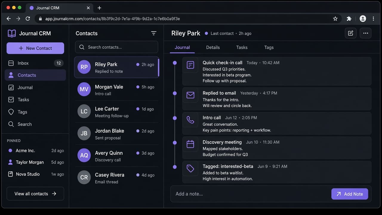 Preview of the endgamecrm contact journal timeline